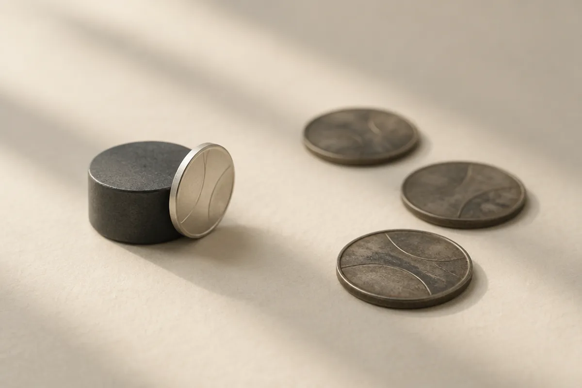 Ein Magnet mit anhaftender Münze, daneben lose dunkle Silbermünzen