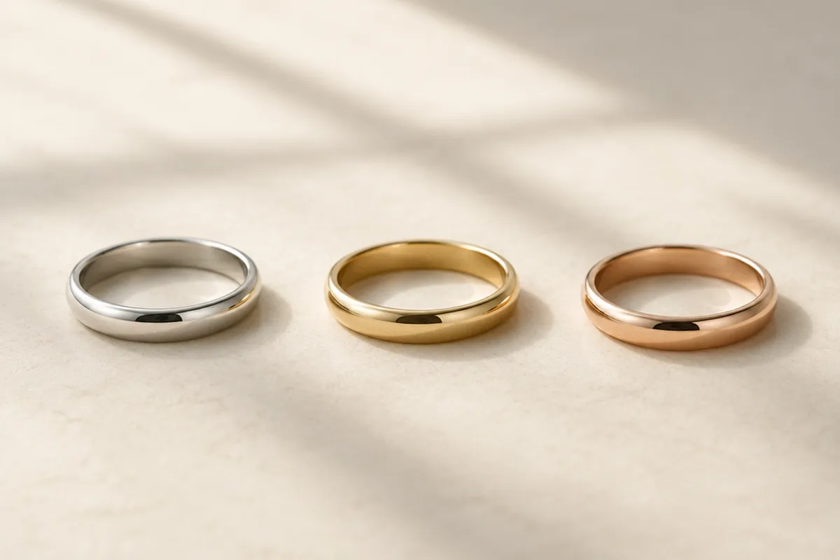 Drei gleiche Ringe in Weißgold, Gelbgold und Roségold nebeneinander