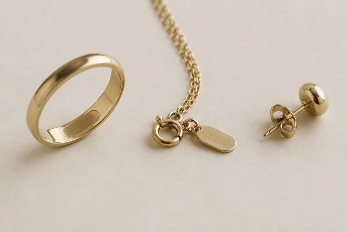Ring mit sichtbarer Innenseite, Kettenende mit kleinem Plättchen am Verschluss und Ohrstecker mit Stift