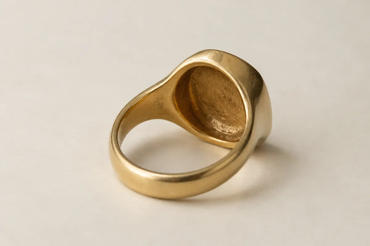 Goldener Siegelring von unten, die Unterseite des Ringkopfs ist ausgehöhlt