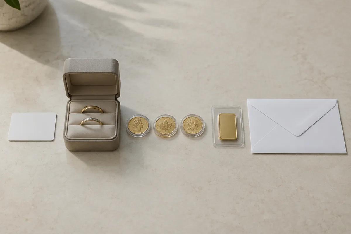 In einer Reihe liegen eine leere Karte in Ausweisgröße, ein Ringetui, drei Goldmünzen in Kapseln, ein kleiner Goldbarren im Blister und ein Briefumschlag.