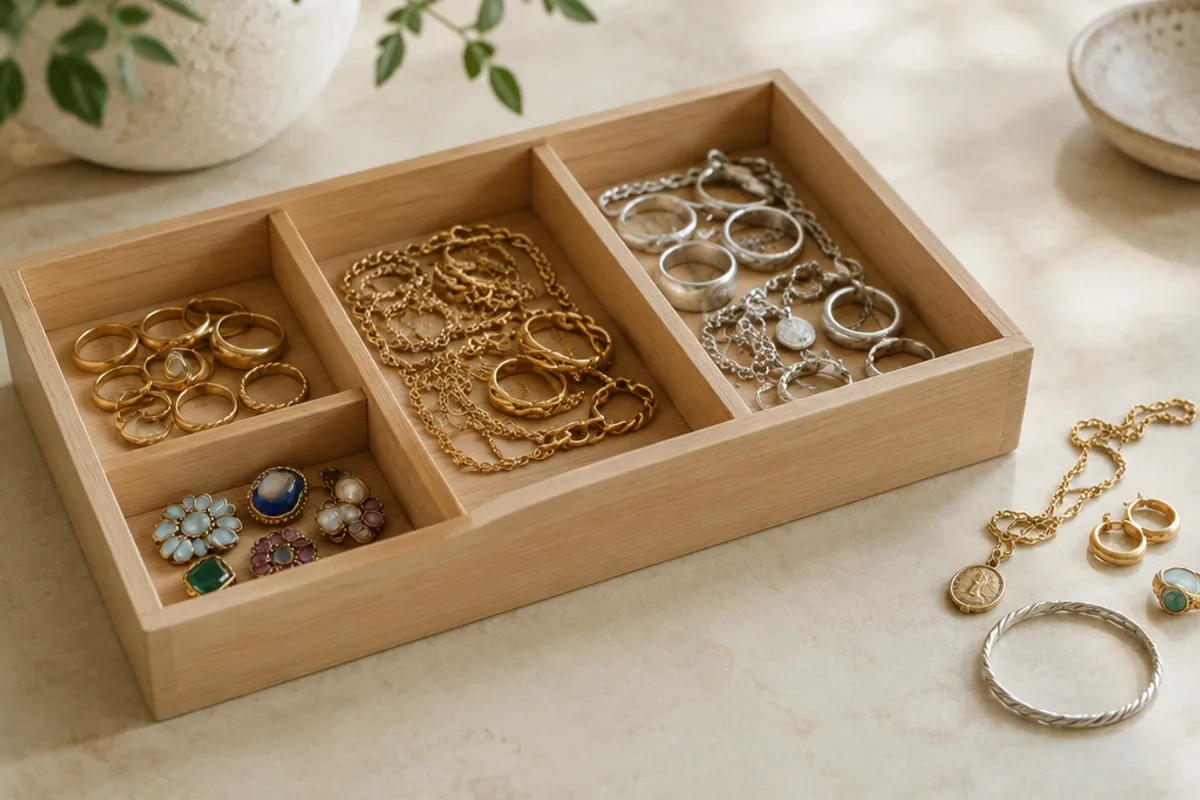 Ein Holzkasten mit Fächern für Goldringe, Goldketten, Silberschmuck und Modeschmuck, daneben noch unsortierte Stücke.