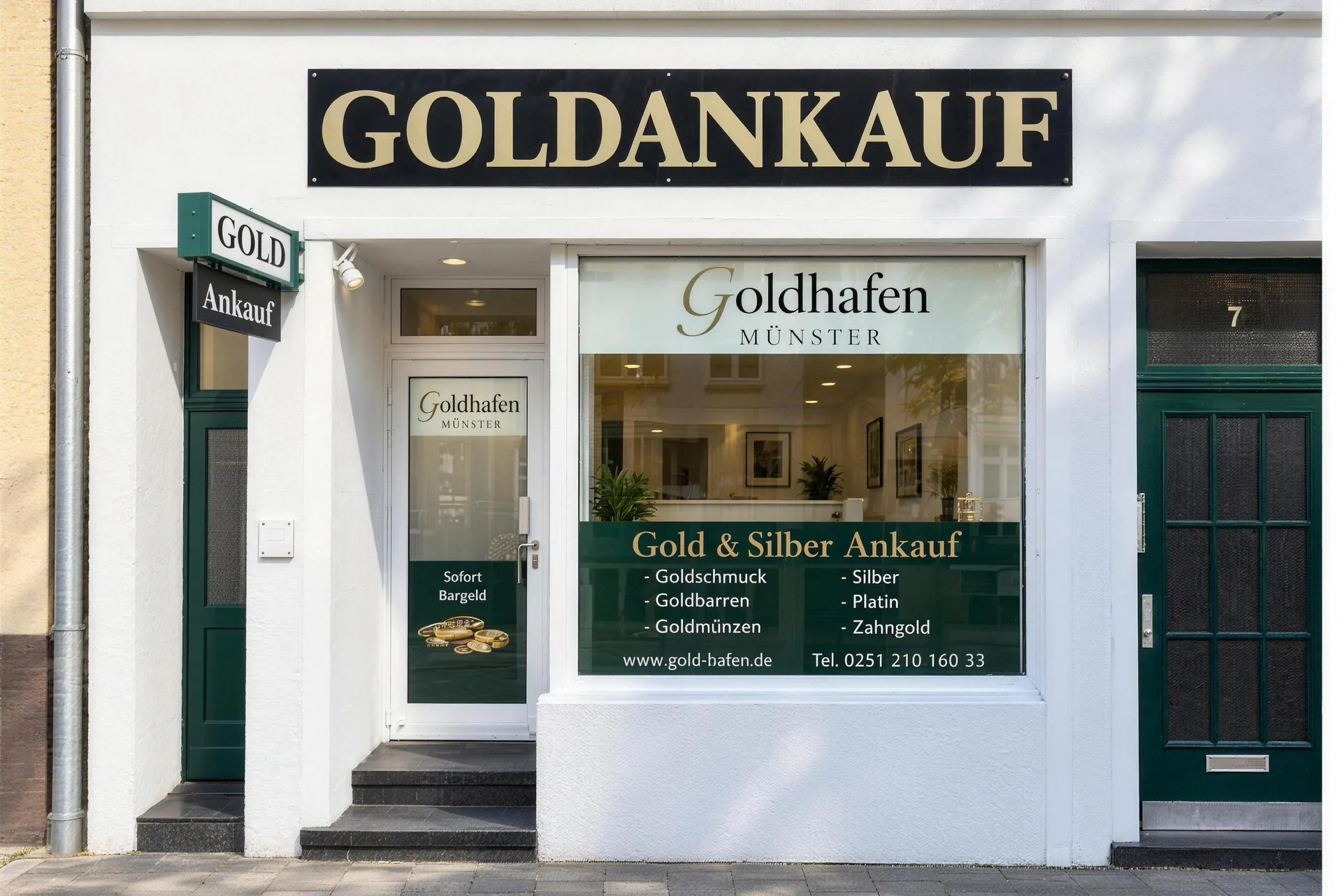 Ladenfront von Goldhafen am Hansaring 7 in Münster mit dem Schild Goldankauf