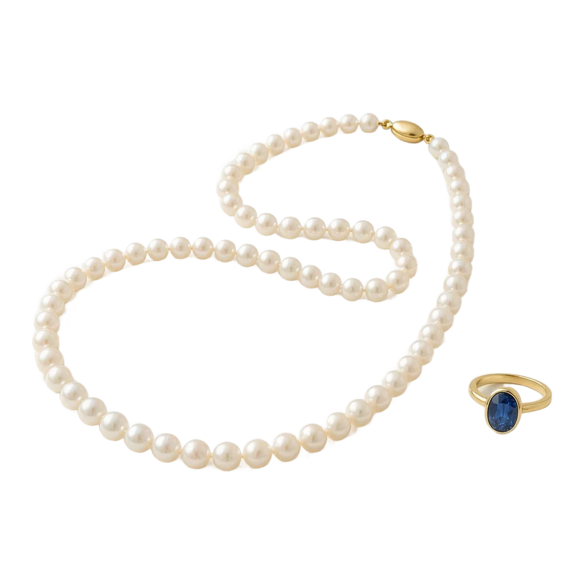 Perlenkette mit Goldverschluss und Goldring mit Saphir